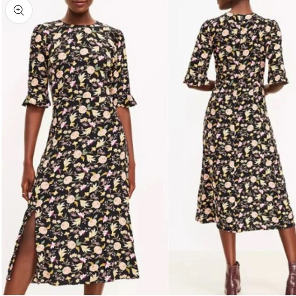 LOFT Dresses & Skirts - Loft Floral Print Midi Black Ruffle Sleeve Dress Size 4 Career Work Wear